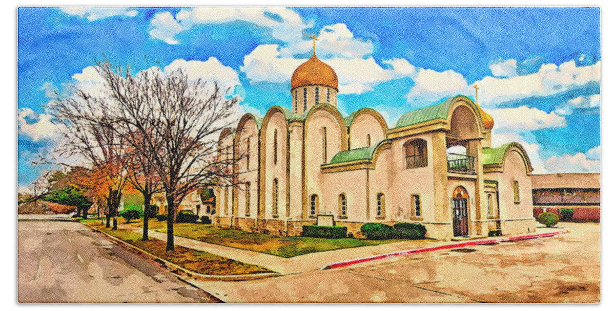 Saint Seraphim Cathedral Bath Towel featuring the digital art Saint Seraphim Cathedral in Dallas, Texas - watercolor painting by Nicko Prints