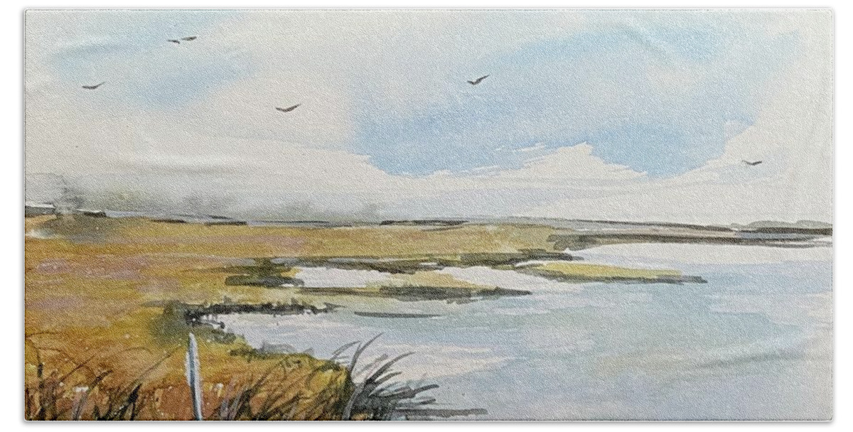 Saltwater Marsh Hand Towel featuring the painting Salt Marsh 3 by Kellie Chasse