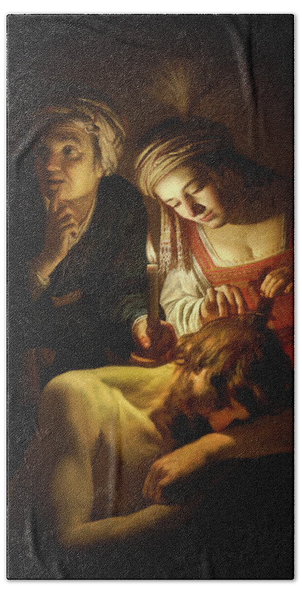 Samson And Delilah Hand Towel featuring the photograph Samson and Delilah by Gerrit van Honthorst by Carlos Diaz