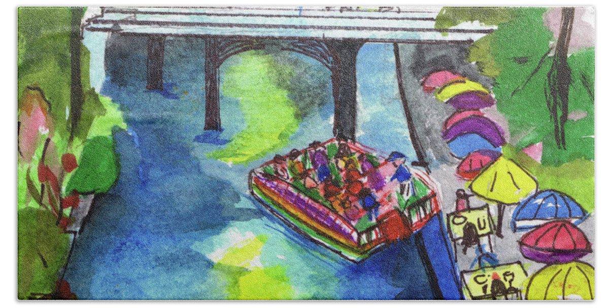 Boat Bath Towel featuring the painting San Antonio Riverwalk by Genevieve Holland