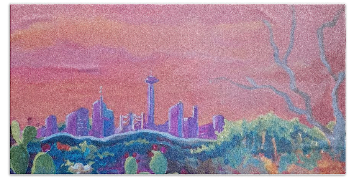 Fauve Hand Towel featuring the painting San Antonio skyline#1 by Lynn Maverick Denzer