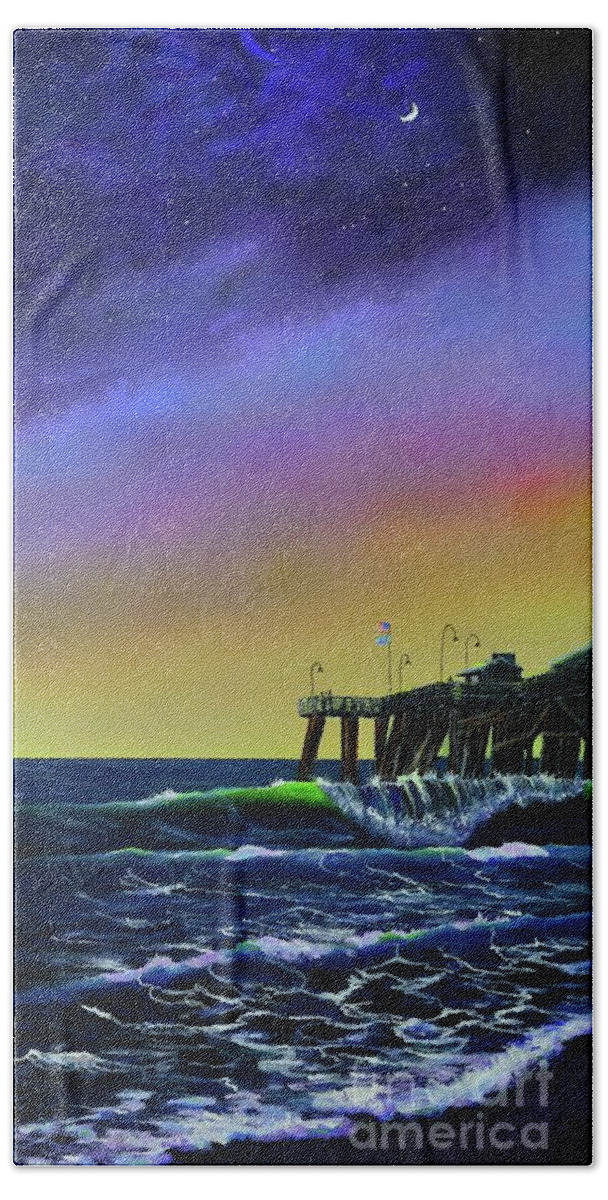 San Clemente Hand Towel featuring the painting San Clemente Pier at Night by Mary Scott