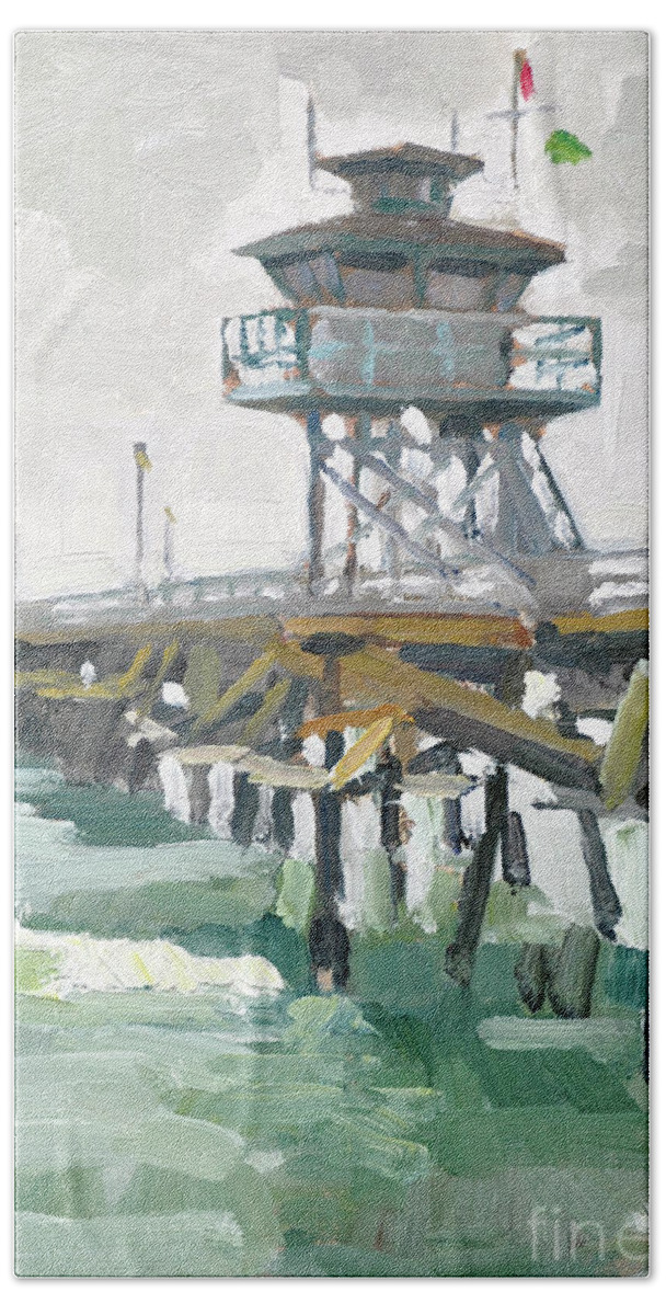 San Clemente Bath Towel featuring the painting San Clemente Pier - San Clemente, California by Paul Strahm