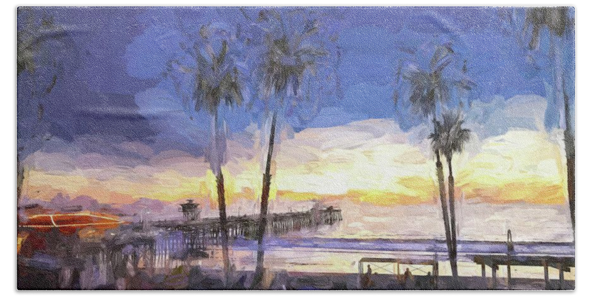 San Clemente Pier Hand Towel featuring the digital art San Clemente Sunset Abstract by Rebecca Herranen