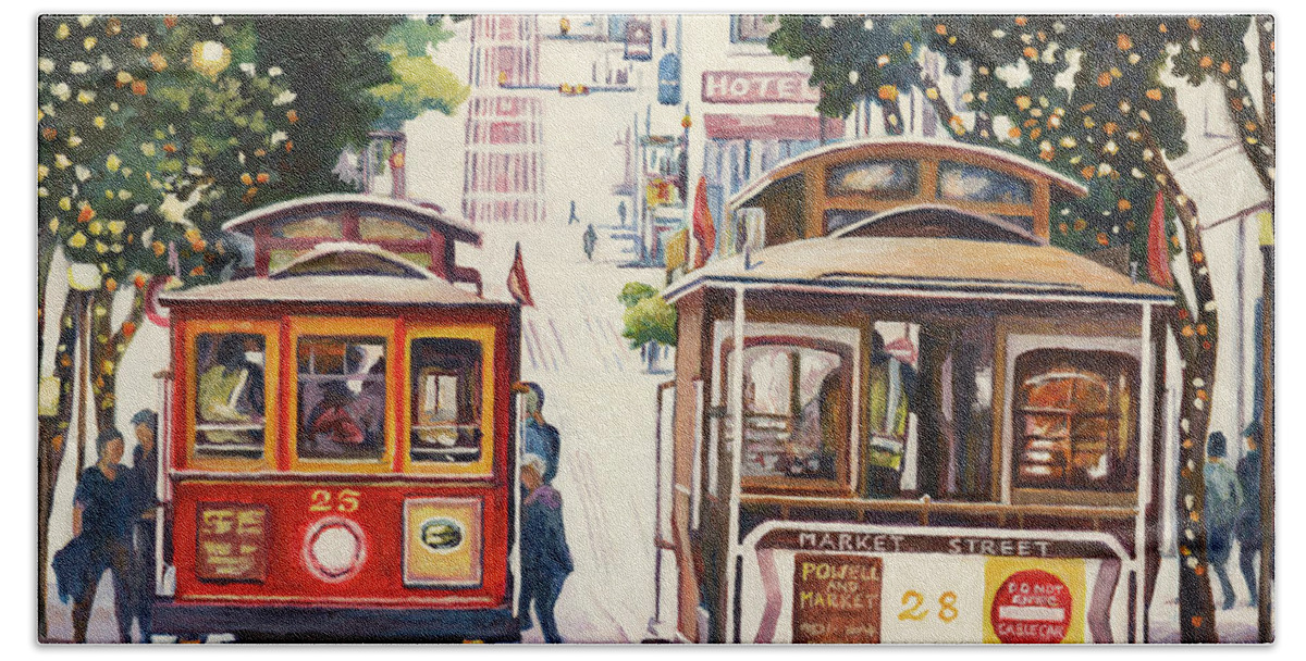 San Francisco Hand Towel featuring the painting San Francisco Cable Cars Square by John Clark
