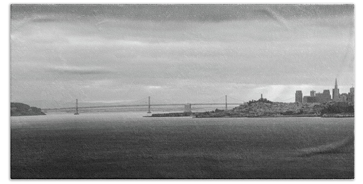 San Francisco Hand Towel featuring the photograph San Francisco - Oakland Bay Bridge Monochrome Panorama by Gregory Ballos