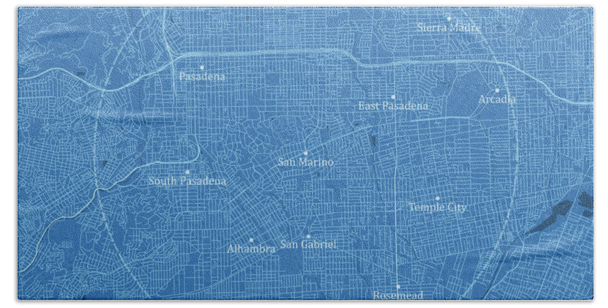 California Hand Towel featuring the digital art San Marino CA City Vector Road Map Blue Text by Frank Ramspott