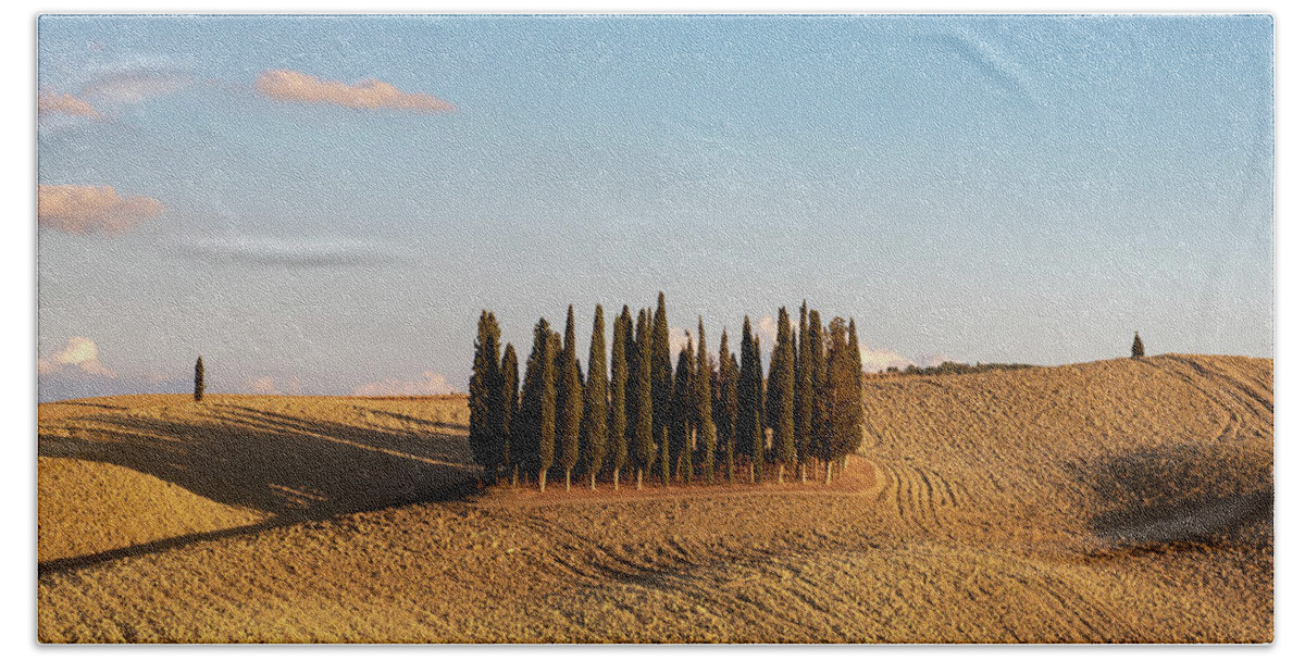 Orcia Bath Towel featuring the photograph San Quirico famous group of cypress trees in Tuscany, by Eleni Kouri