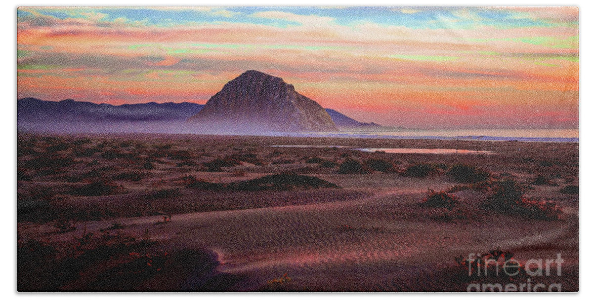 Sand Dunes At Sunset At Morro Bay California Photography Photograph Bath Towel featuring the photograph Sand Dunes At Sunset At Morro Bay Beach Shoreline by Jerry Cowart