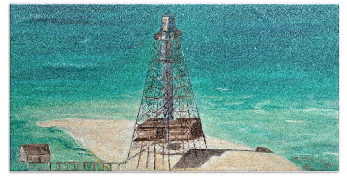 Sand Key Hand Towel featuring the painting Sand Key Lighthouse by Linda Cabrera