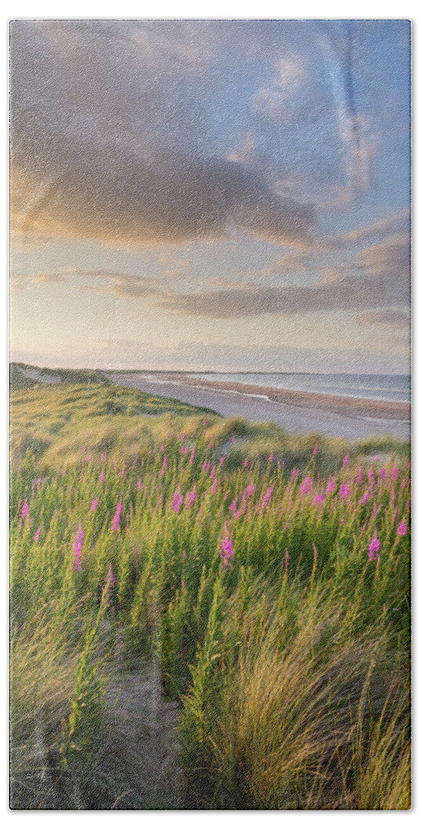 Beach Hand Towel featuring the photograph Sand, Sea and Rosebay Willowherb by Anita Nicholson