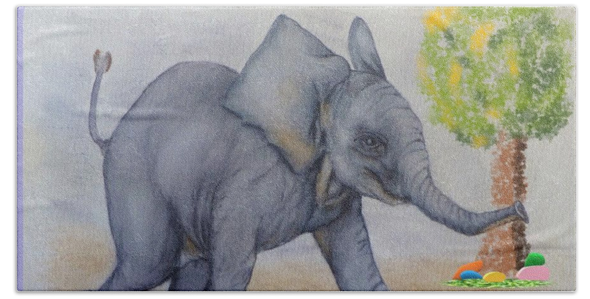 The Playroom Hand Towel featuring the painting Sandy the Elephant by Kelly Mills