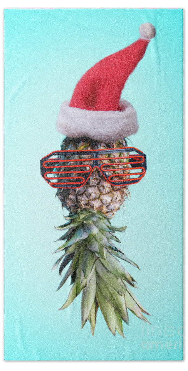 Pineapple Bath Towel featuring the photograph Santa ananas. Funky pop art minimal christmas in summer concept. by Jelena Jovanovic