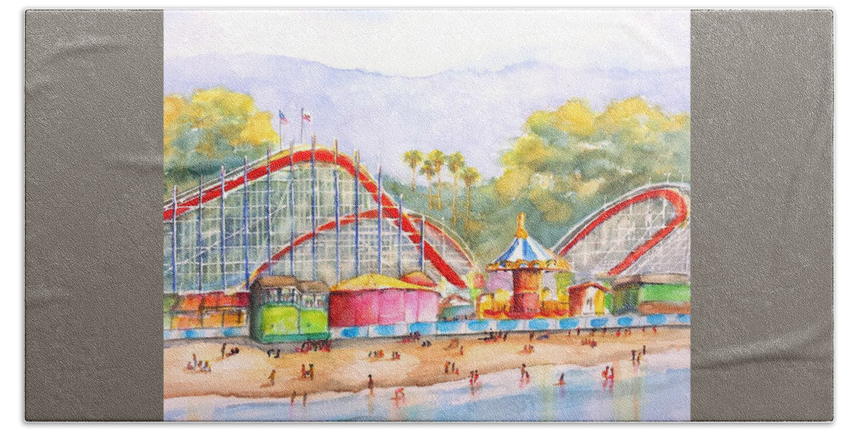 California Hand Towel featuring the painting Santa Cruz Beach Boardwalk by Carlin Blahnik CarlinArtWatercolor