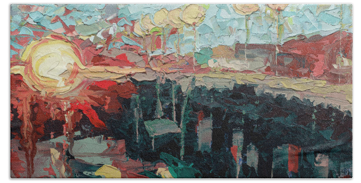 Sunset Hand Towel featuring the painting Santa Cruz Wharf Sunset by PJ Kirk