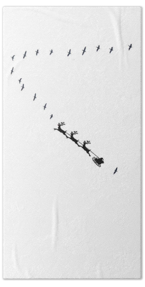 Canada Geese Bath Towel featuring the mixed media Santa Flies in Formation by Moira Law