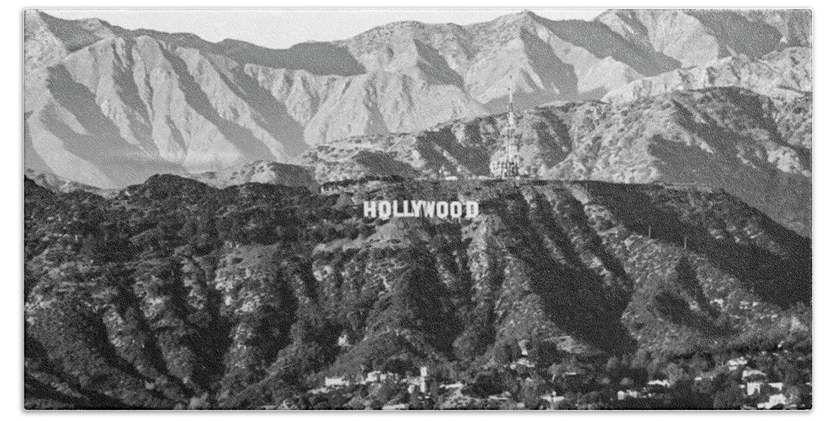 America Hand Towel featuring the photograph Santa Monica Mountain Hollywood Hills Sign - Black and White 1x1 by Gregory Ballos