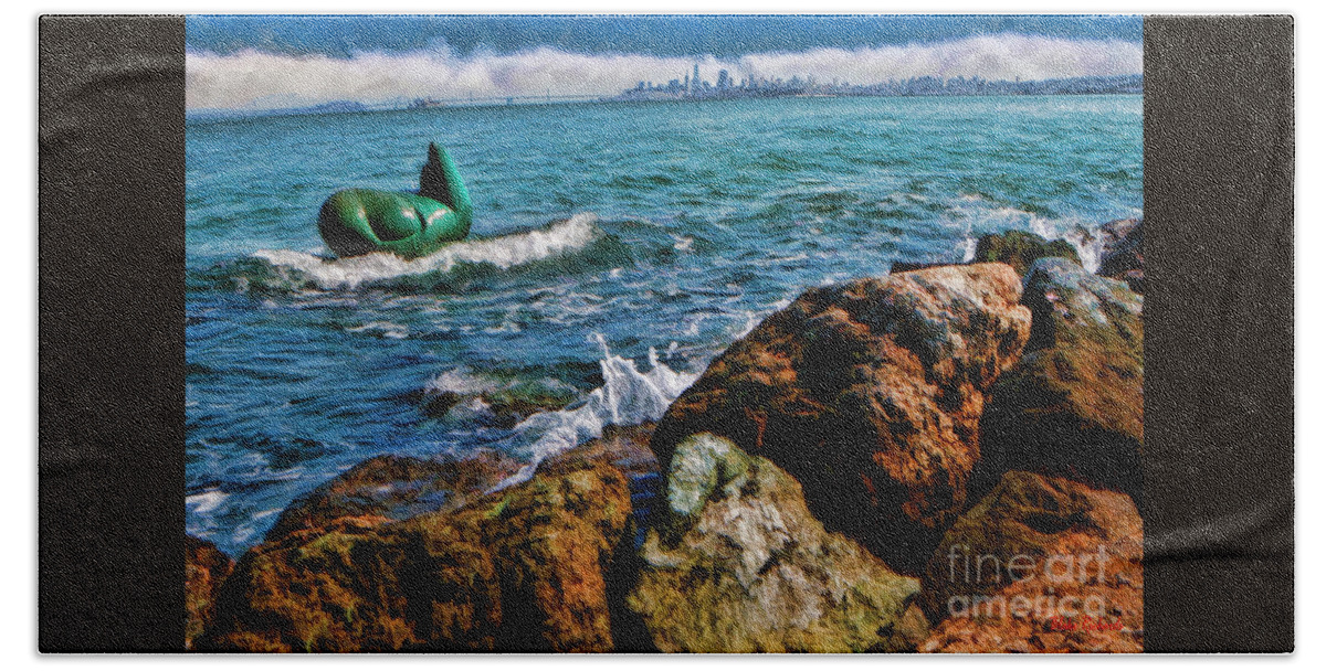 Sausalito Sea Lion Sculpture Hand Towel featuring the photograph Sausalito Sea Lion Sculpture And San Francisco by Blake Richards
