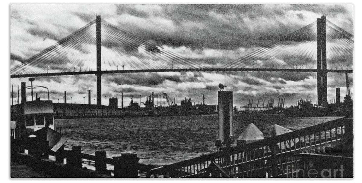 Eugene Talmadge Hand Towel featuring the photograph Savannah River Bridge the Morning after Hurricane Matthew No. 2 by Aberjhani