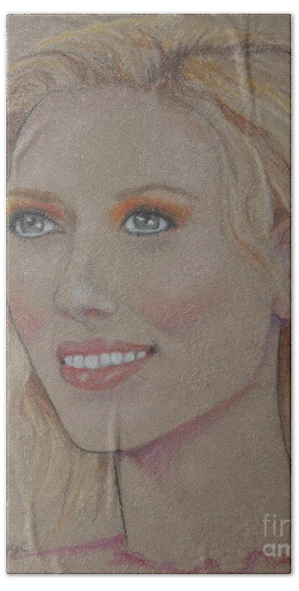 Scarlett Johansson Bath Towel featuring the drawing Blond Bombshell No.5--Scarlett Johansson by Jayne Somogy