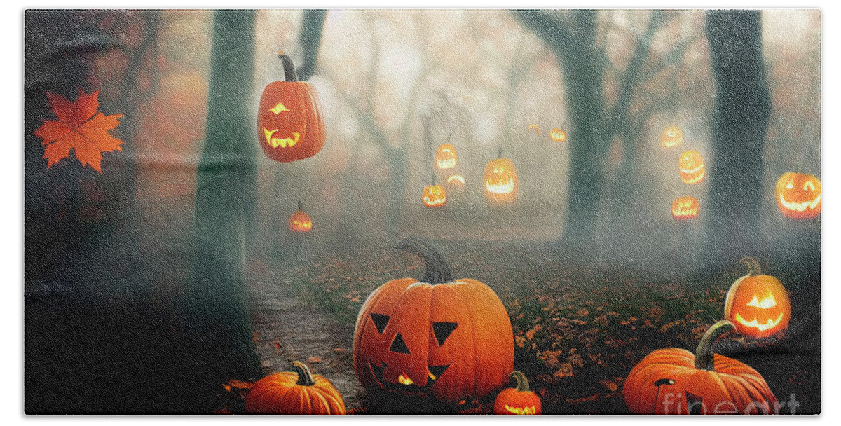 Pumpkin Bath Towel featuring the photograph Scary halloween pumpkins in spooky magic forest. Jack'o'Lantern by Jelena Jovanovic