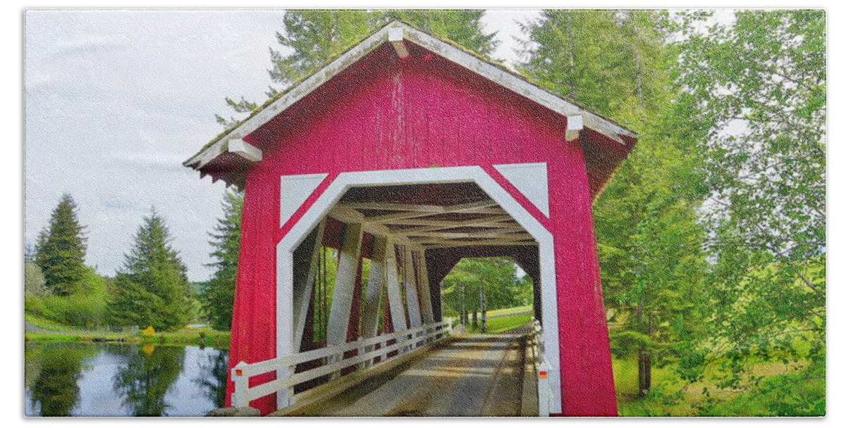 Water Hand Towel featuring the photograph Schafer Farms Covered Bridge by Bill TALICH