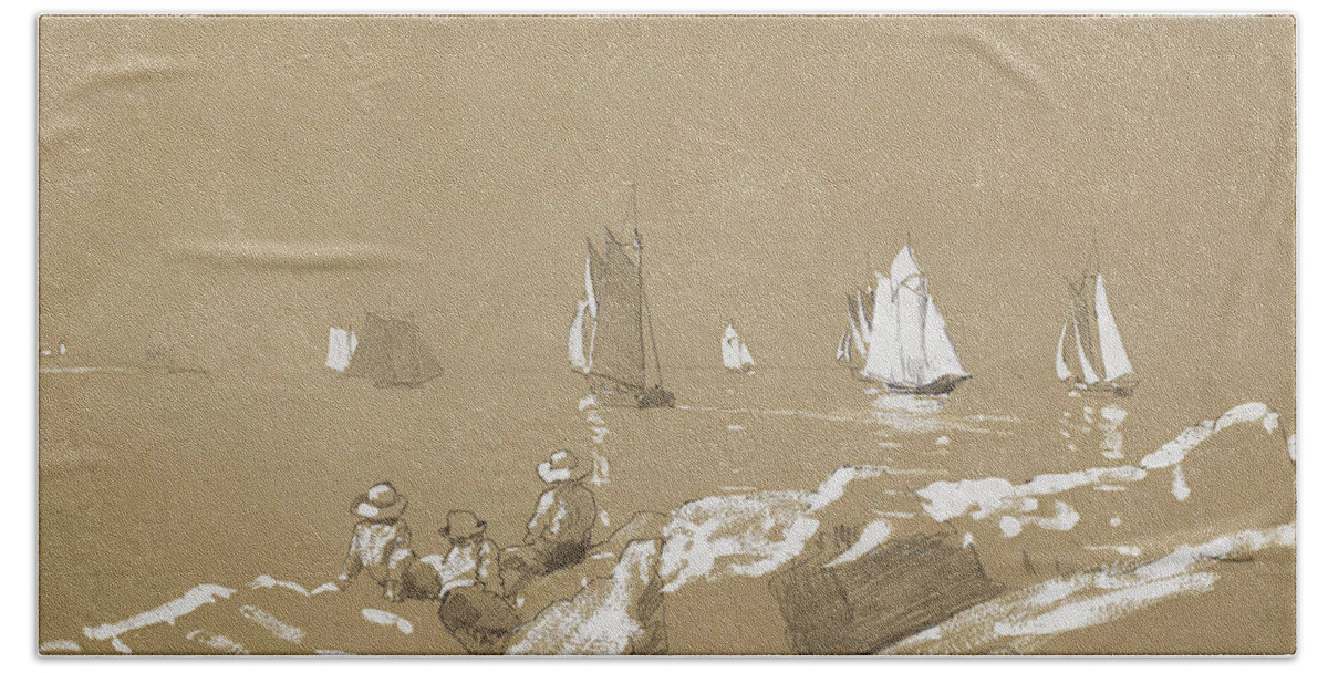 Winslow Homer Bath Towel featuring the drawing Schooners in Gloucester Harbor by Winslow Homer