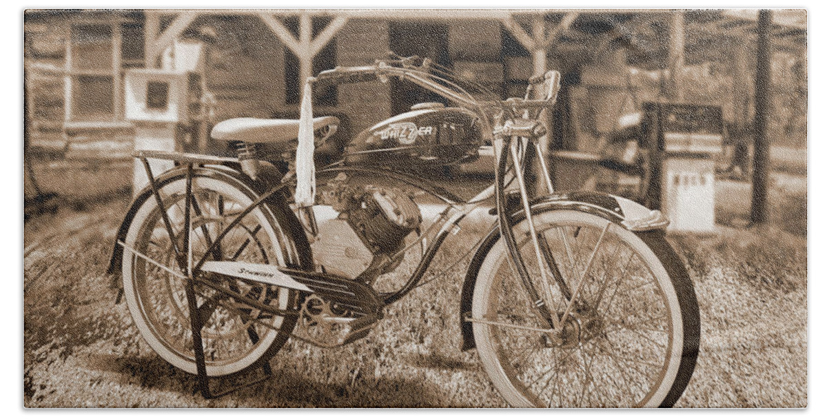 Motorcycle Bath Towel featuring the photograph Schwinn Whizzer by Mike McGlothlen