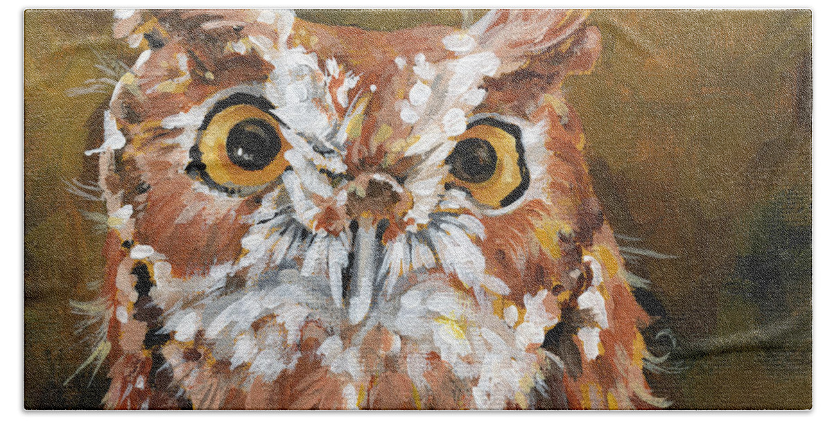 Owl Bath Towel featuring the painting Screech - Owl Painting by Annie Troe