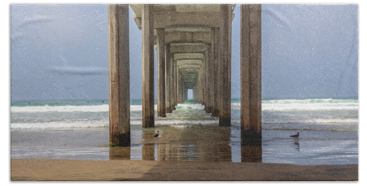Scripps Hand Towel featuring the photograph Scripps Pier by Alison Frank