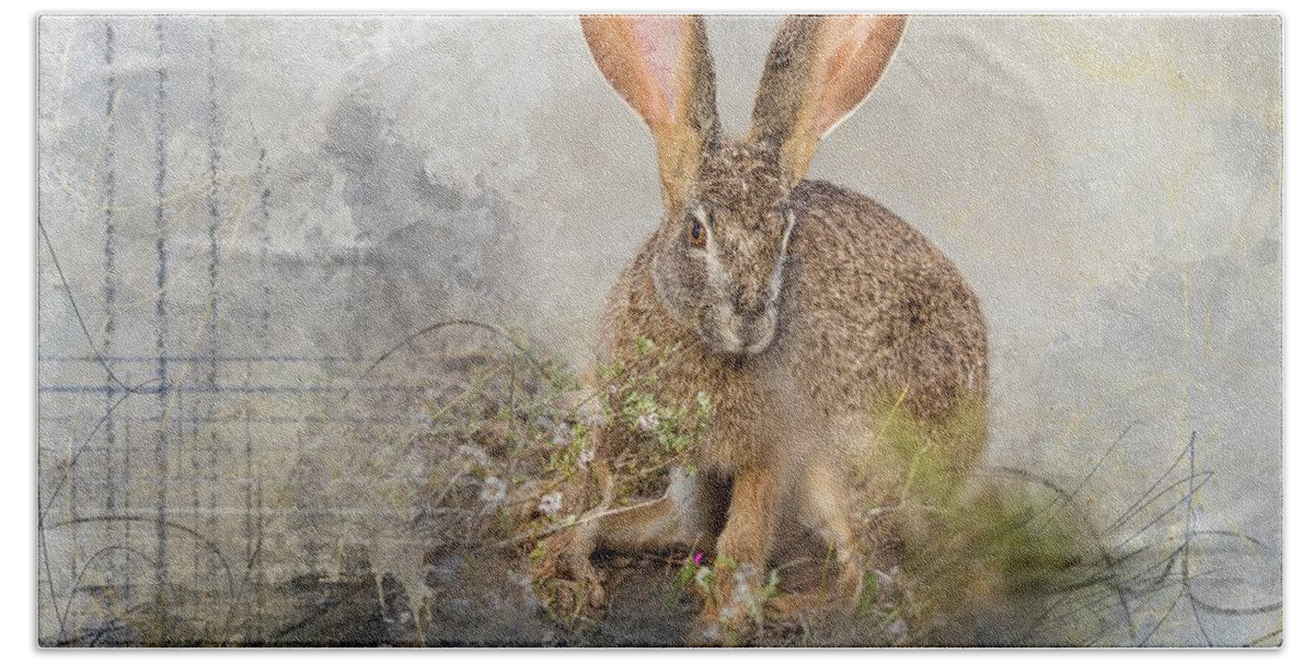 Scrub Hare Hand Towel featuring the mixed media Scrub Hare4 by Eva Lechner