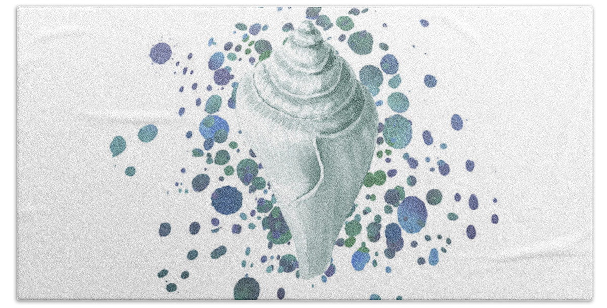 Beach Art Bath Towel featuring the painting Sea Shell On Splash Of Water Drops Beach Art Watercolor IV by Irina Sztukowski