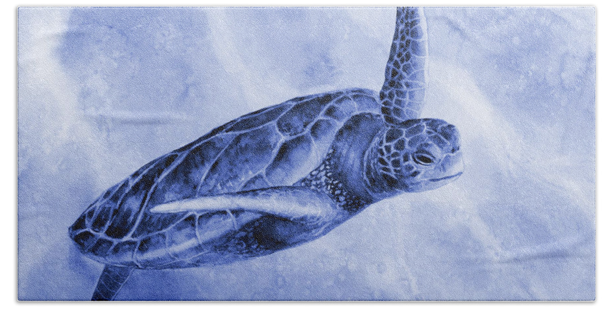 Mono Hand Towel featuring the painting Sea Turtle 2 in Blue by Hailey E Herrera