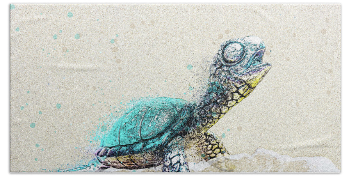 Sea Turtle On Beach Bath Towel featuring the digital art Sea Turtle on Beach by Pamela Williams