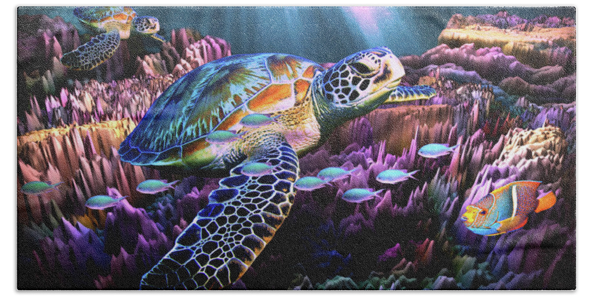 Art Bath Towel featuring the digital art Sea Turtle Passing by Artful Oasis