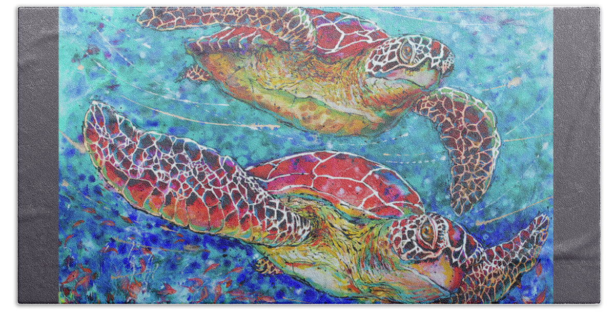  Bath Towel featuring the painting Sea Turtles on Coral Reef II by Jyotika Shroff