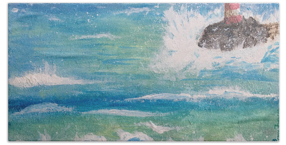 Lighthouse Bath Towel featuring the painting Sea with Lighthouse by Remy Francis