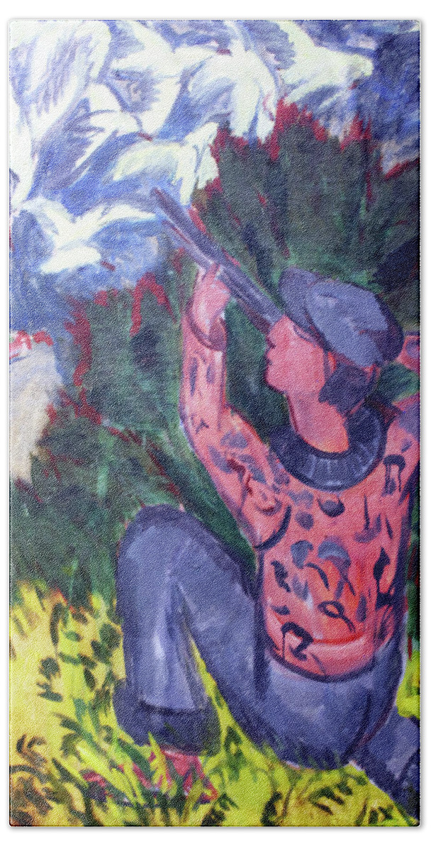 Seagull Hand Towel featuring the painting Seagull hunter in the forest by Ernst Ludwig Kirchner by Mango Art
