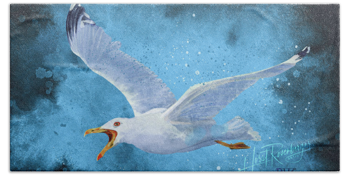 Seagull Bath Towel featuring the painting Seagull in the storm by Horst Rosenberger