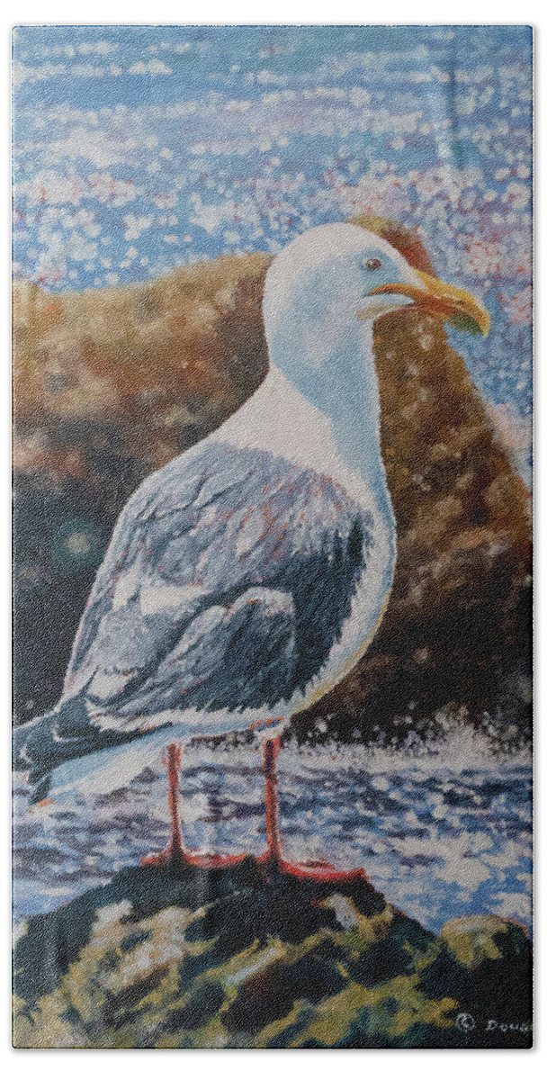 Marine Painting Hand Towel featuring the painting Seagull on Rock by Douglas Castleman