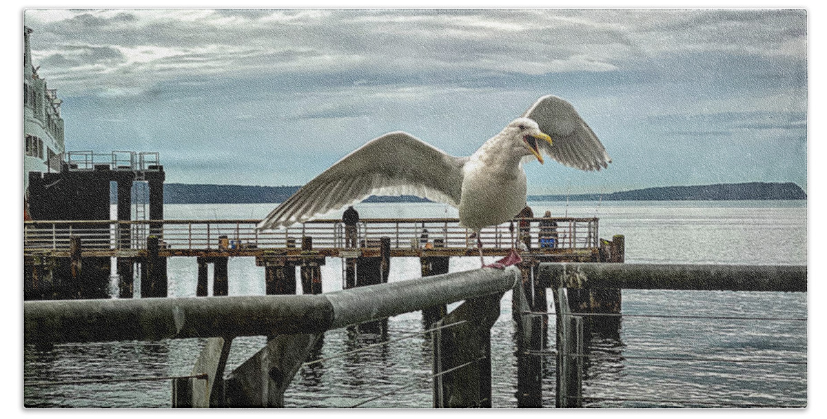 Seagull Bath Towel featuring the photograph Seagull on the move by Anamar Pictures