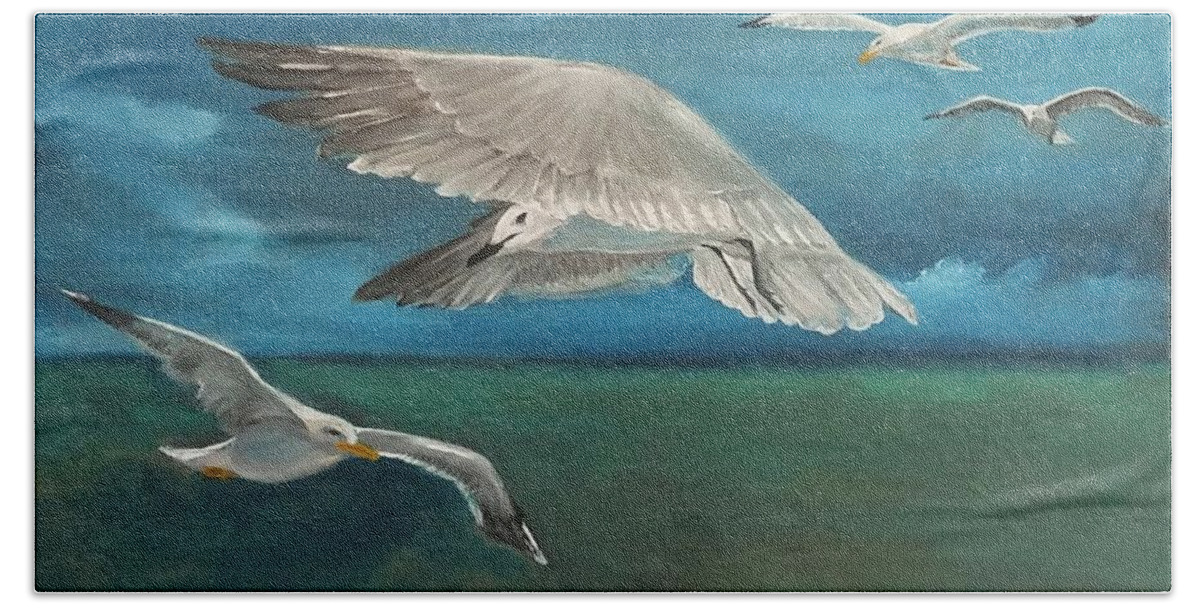 Seagulls Bath Towel featuring the painting Seagulls over the Florida Keys by Linda Cabrera