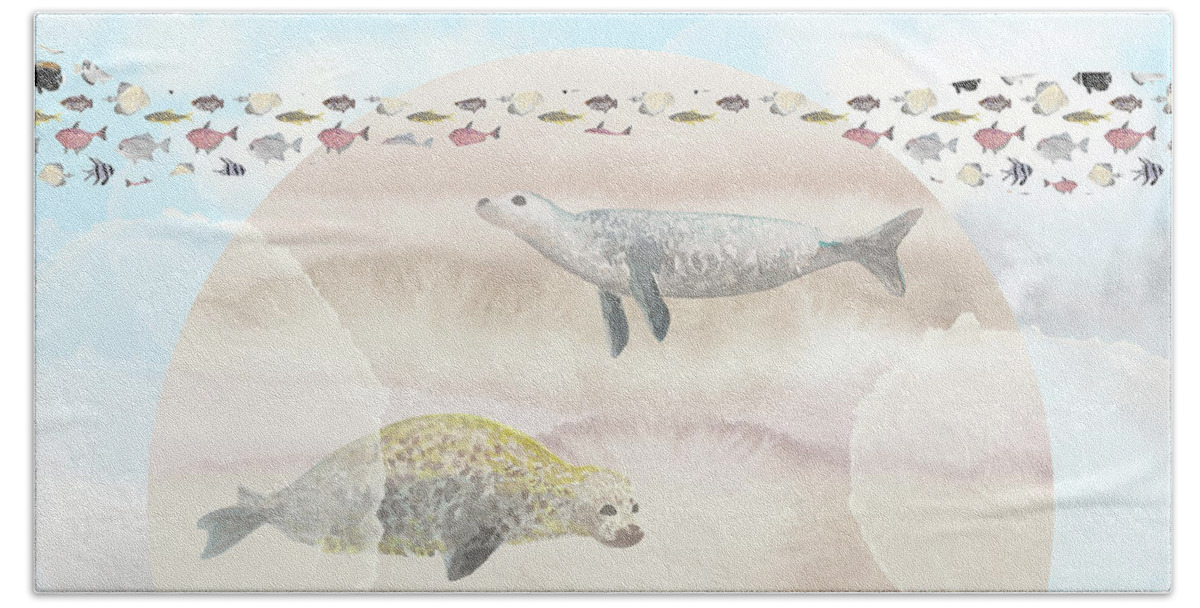 Seals Bath Towel featuring the digital art Seals, Sand, Ocean, Sun - A Surreal Dream by Andreea Dumez