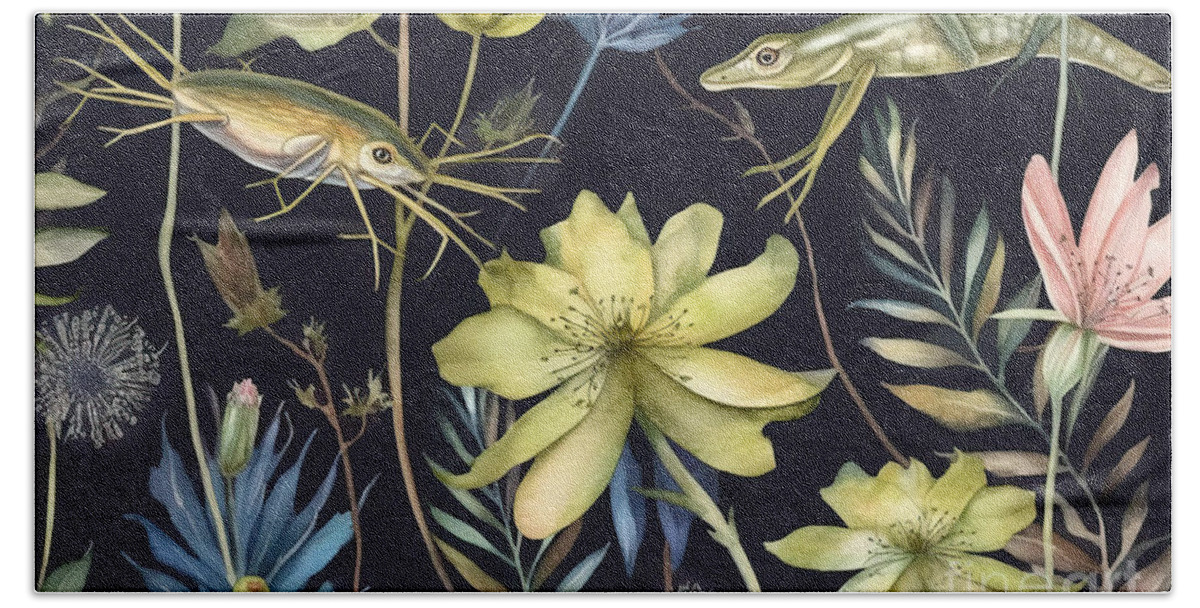 Frog Hand Towel featuring the painting Seamless pattern with frog and marsh plants. Cinquefoil6 triton by N Akkash