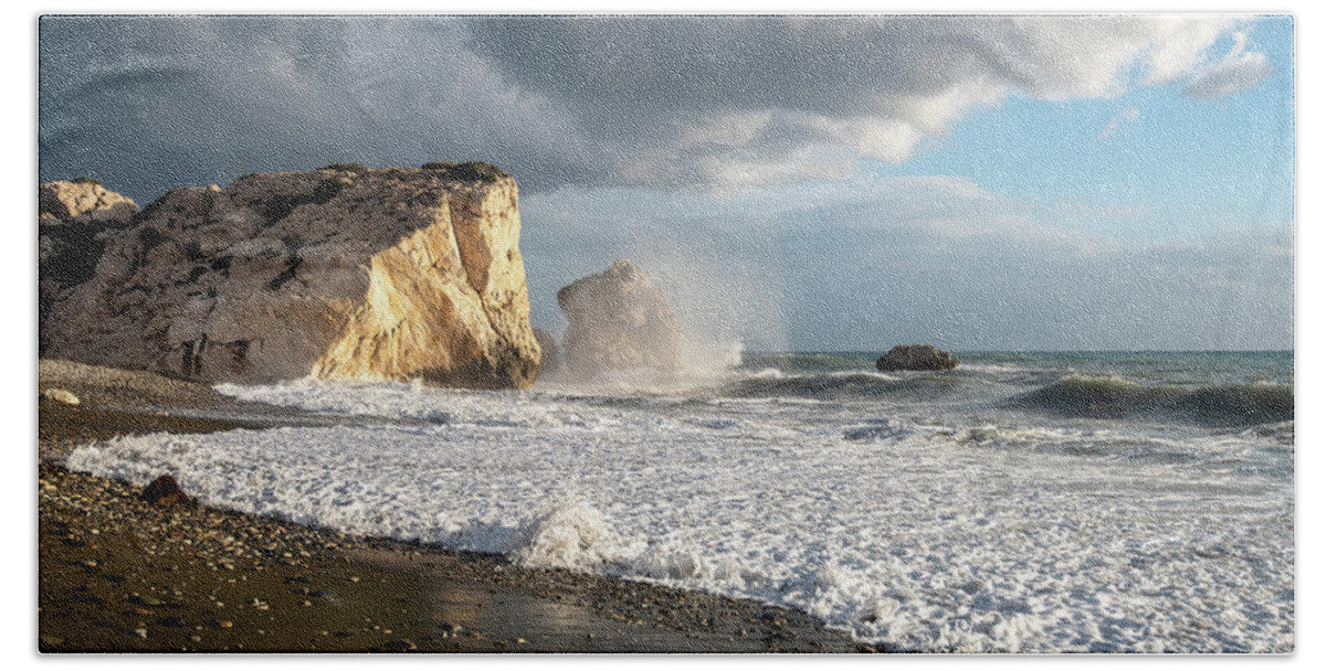Seascape Bath Towel featuring the photograph Seascape with windy waves splashing on the coast by Michalakis Ppalis