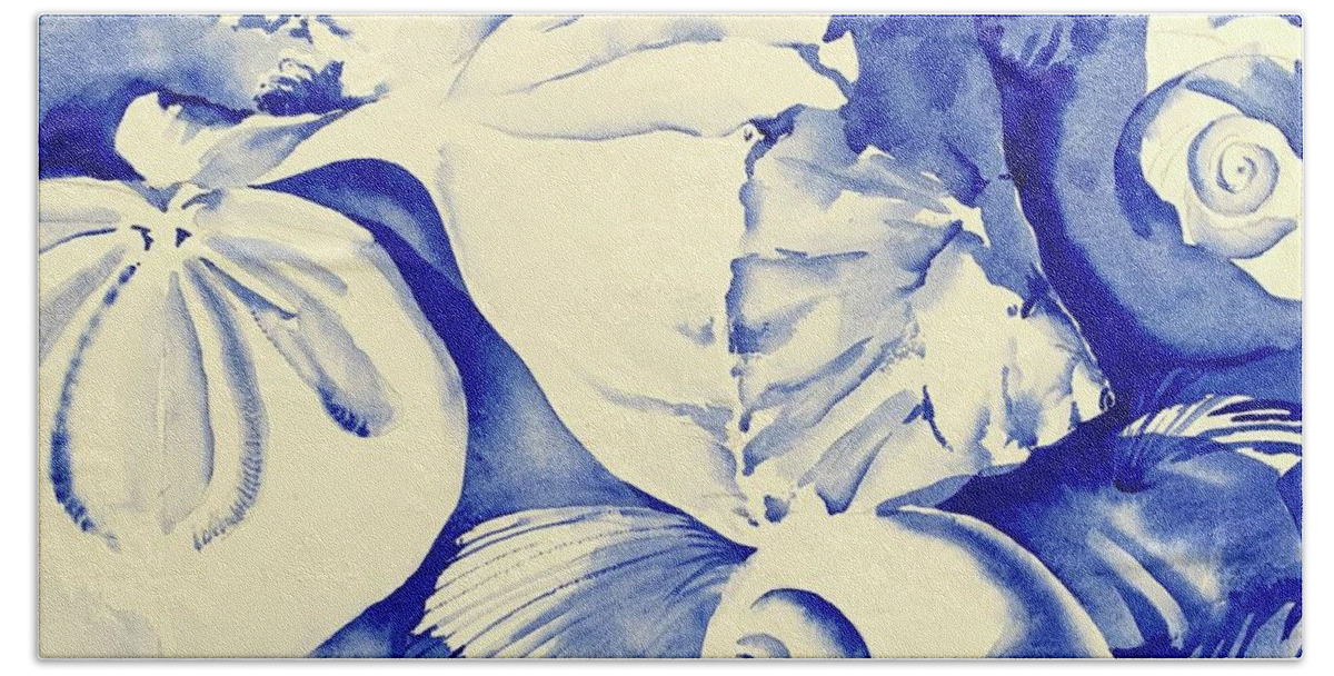Seashells Hand Towel featuring the painting Seashells in Blue by Liana Yarckin