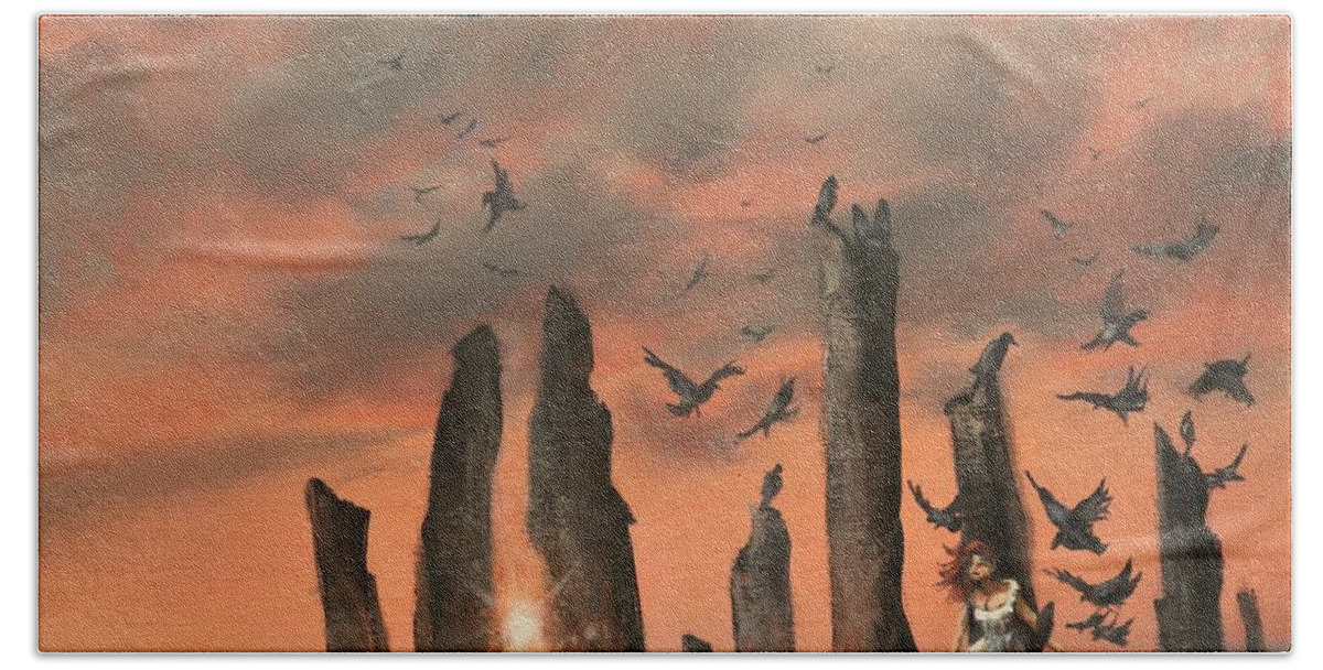 Callanish Stones Bath Towel featuring the painting Secret of the Stones by Tom Shropshire