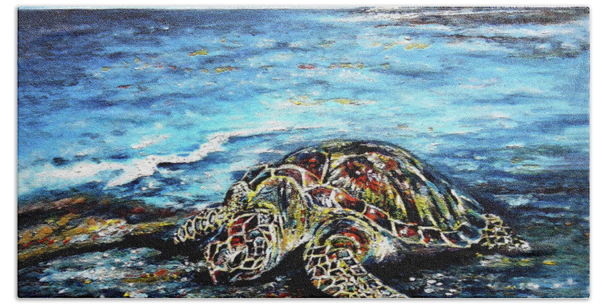 Turtle Bath Towel featuring the painting See Weed Turtle by Harsh Malik