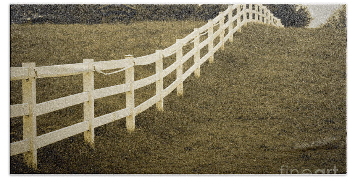 Paddock Bath Towel featuring the photograph Sepia Aged Fences 2 Rural Landscape Photograph by PIPA Fine Art - Simply Solid