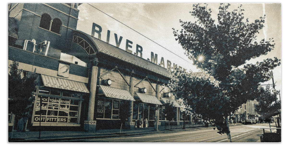 Little Rock Bath Towel featuring the photograph Sepia Sunrise In The River Market District - Little Rock Arkansas by Gregory Ballos